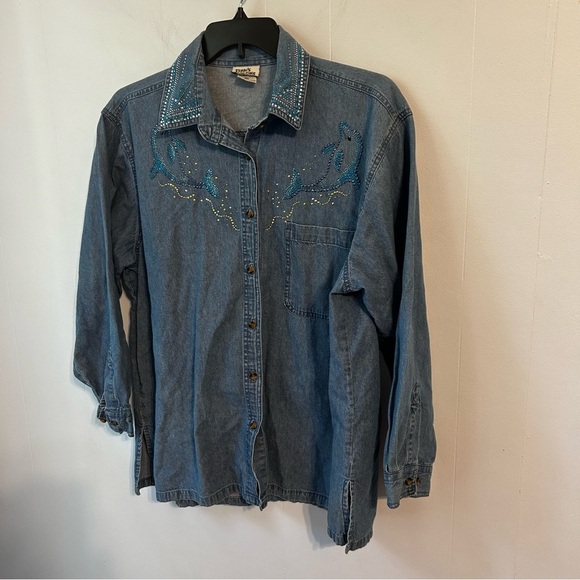 Embroidered Denim Shirt with Beaded Details women’s 1x. Dolphin bedazzled ocean. - Picture 2 of 12